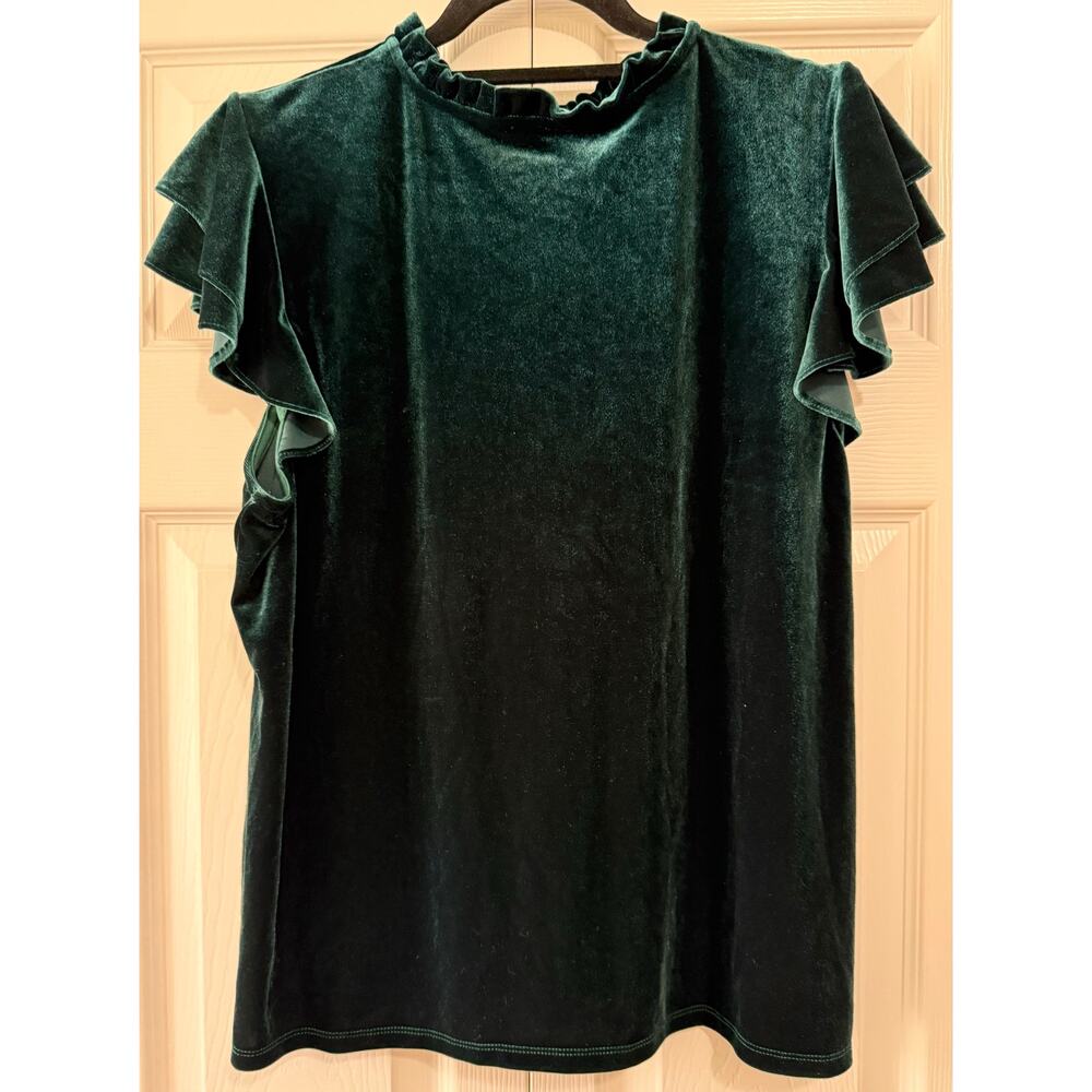 CeCe XL Emerald Green Velvet Flutter Sleeve Mock Neck Blouse Top - Picture 3 of 6